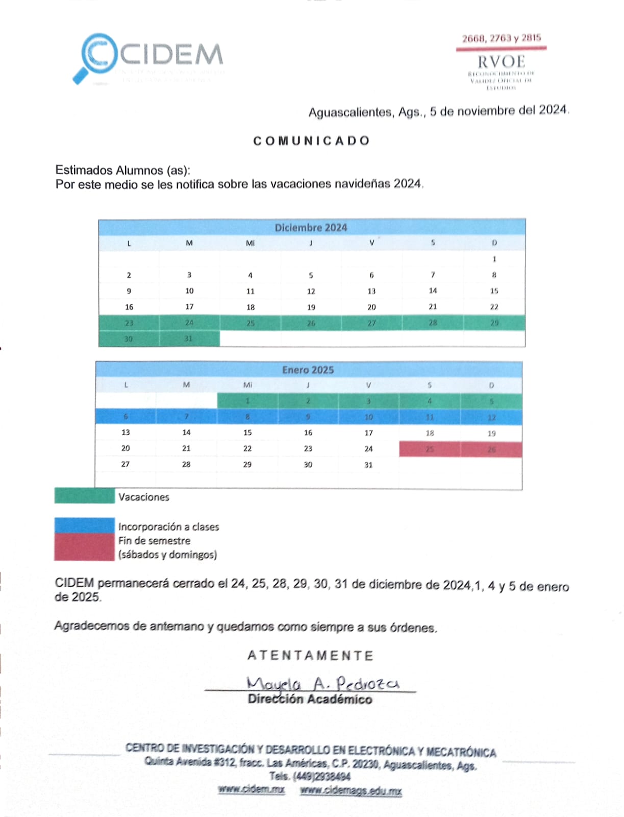 Calendario 2024-2025